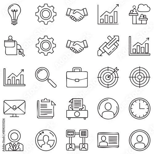 Set of icons representing business and finance concepts, featuring charts, money symbols, and professional tools.