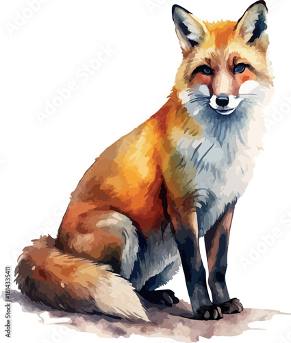 Fox Portrait Sitting Animal Vector Watercolor Illustration