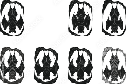 Hanging bat illustration set inside cave frame, detailed nocturnal wildlife vector artwork ideal for nature themes, Halloween designs, and decoration.