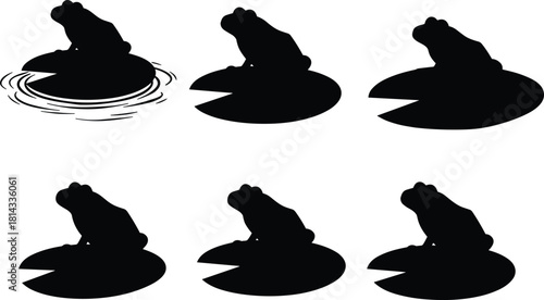 Frog silhouette sitting on lily pad in simple vector design, amphibian wildlife illustration set for nature themes and graphic projects.