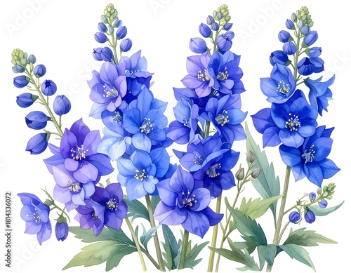 Elegant Delphinium Watercolor Painting with Detailed Floral Composition