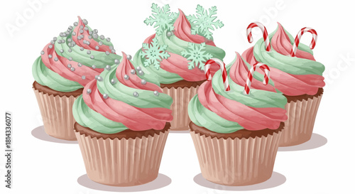 Five christmas cupcakes with pink and green frosting and candy canes and snowflake decorations displayed