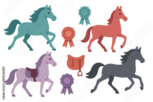 Four stylized horses in various colors with championship ribbons and equestrian tack
