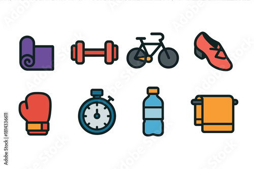 Colorful collection of fitness and gym equipment icons including dumbbell, yoga mat, and stopwatch