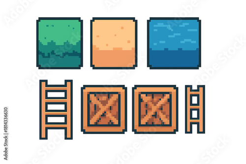 Retro pixelated terrain blocks, wooden crates, and climbing ladders for video games