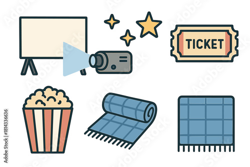 Cozy movie night essentials featuring projector, screen, ticket, popcorn, and blanket