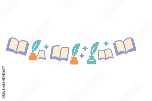 Horizontal decorative border with open books, inkwells, and quill pens