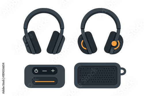 Dark gray wireless headphones, portable speaker, and volume control interface elements set