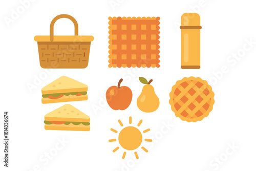 Classic picnic items assortment including wicker basket, checkered cloth, thermos, sandwiches, pie, and fresh fruit