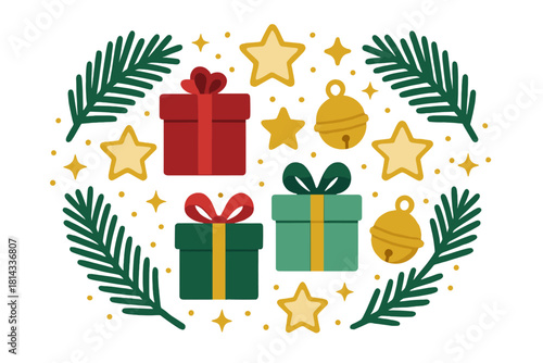 Festive arrangement of Christmas gift boxes, golden stars, jingle bells, and pine branches on white background