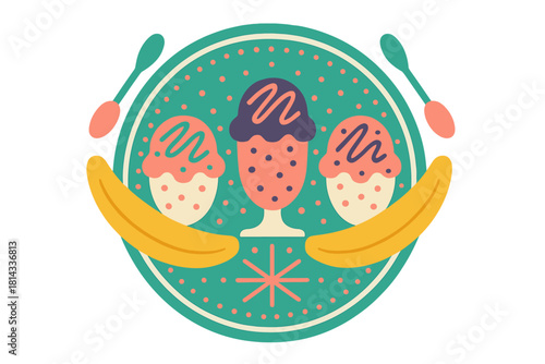 Colorful vintage style dessert emblem featuring ice cream sundaes, bananas, and serving spoons
