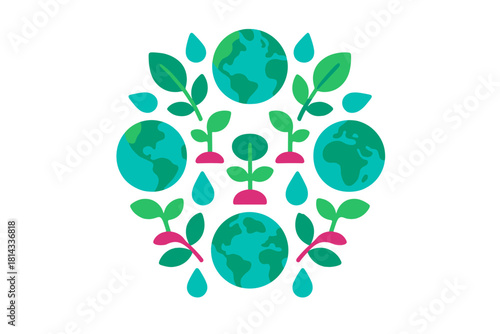 Symmetrical pattern of Earth globes, green sprouts, and water drops for ecological conservation