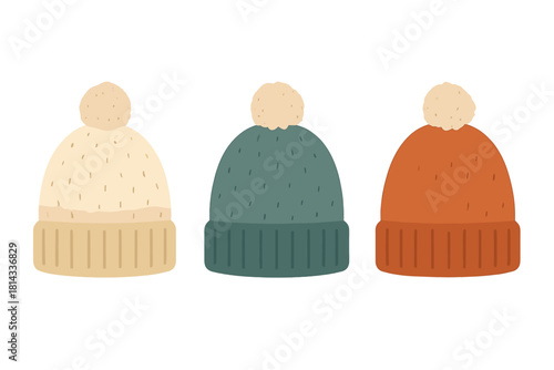 Three colorful knitted winter hats with pom-poms arranged horizontally on a white background