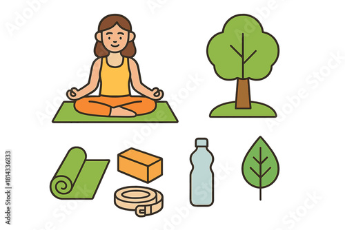Woman meditating in lotus pose surrounded by yoga accessories and natural elements