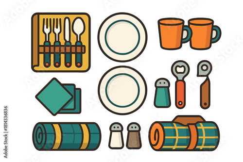 Set of outdoor dining and camping essentials including tableware, cutlery, mugs, and rolled mats