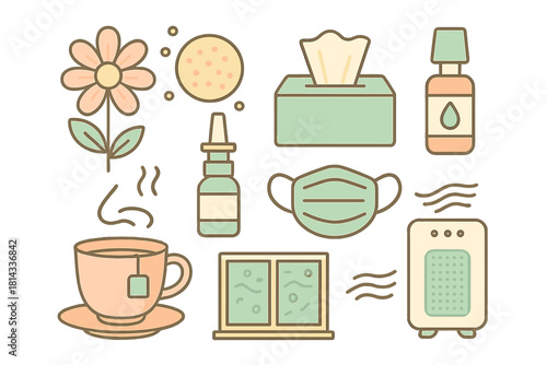 Seasonal allergy and cold relief set with pollen, flower, tissue box, nasal spray, and air purifier