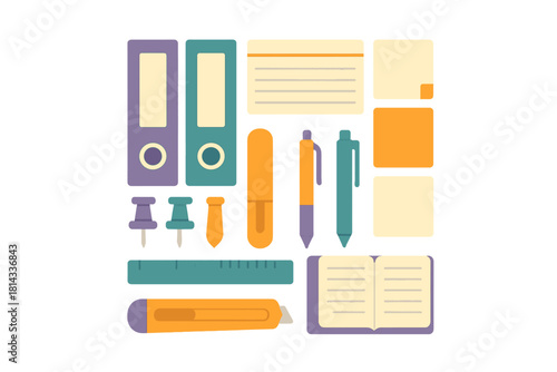 Colorful flat lay collection of office and school supplies including binders, pens, and sticky notes