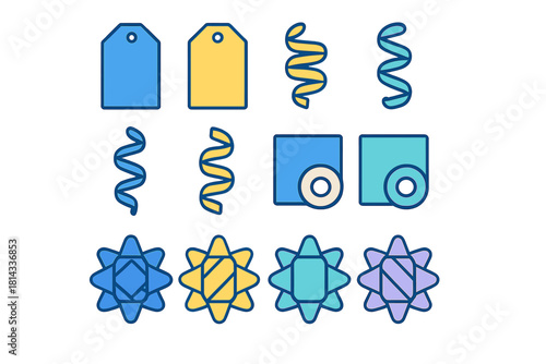 Colorful collection of gift wrapping elements: tags, curling ribbons, paper rolls, and decorative bows