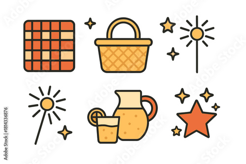 Summer celebration items set including picnic basket checkered blanket lemonade and sparklers