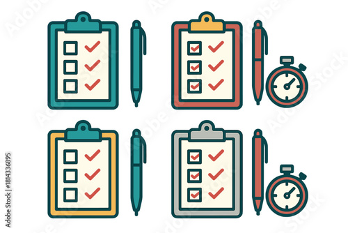 Set of productivity icons featuring checklist clipboards, writing pens, and stopwatches for task management