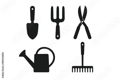 Set of essential gardening tools including trowel fork shears watering can and rake silhouettes
