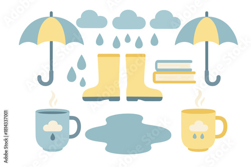Cozy autumn rainy day elements set with umbrellas, rubber boots, hot drinks, and books