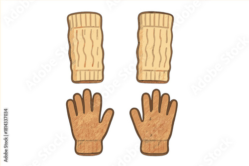 Warm winter accessories set featuring brown knitted gloves and beige ribbed wrist warmers