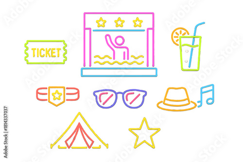 Neon glowing symbols for summer fun, music festivals, and entertainment