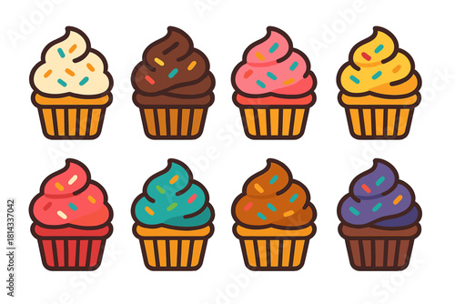 Eight colorful sweet cupcakes with various frosting flavors and decorative sprinkles