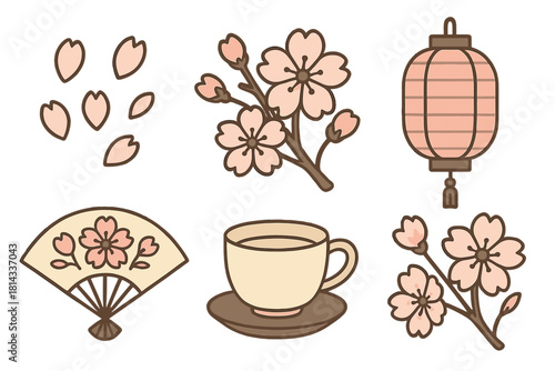 Japanese spring elements set with sakura branches, pink petals, traditional lantern, folding fan, and hot beverage cup