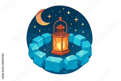 Illuminated lantern surrounded by blue ice blocks under a starry night sky with a crescent moon