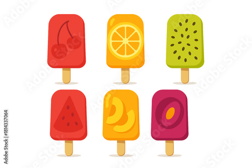 Six bright frozen desserts on sticks featuring cherry orange kiwi watermelon and peach flavors
