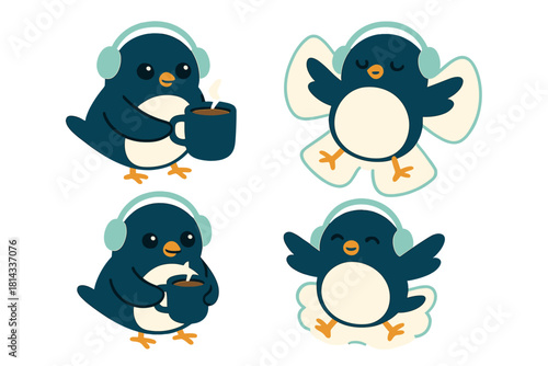 Cute cartoon penguins wearing headphones enjoying hot coffee and relaxing on clouds