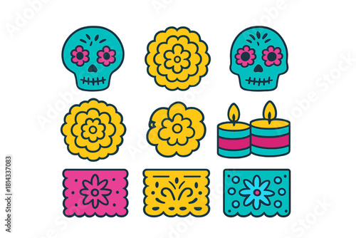 Traditional Day of the Dead elements set with sugar skulls, marigold flowers, and papel picado banners