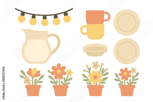 Cozy home and garden elements set with string lights, ceramic dishware, pitcher, and potted flowers