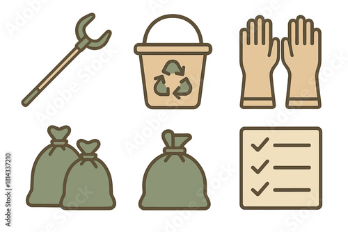 Cleanup tools icons: trash bags, recycling bin, protective gloves, and grabber stick