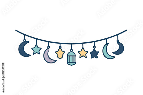 Festive garland with crescent moons stars and traditional lantern decorations