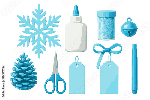 Collection of winter holiday crafting supplies including snowflake, pine cone, glue, glitter, scissors, and gift tags isolated on white