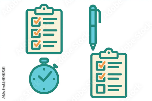 Productivity icons set featuring clipboards, checklists, writing pen, and stopwatch timer