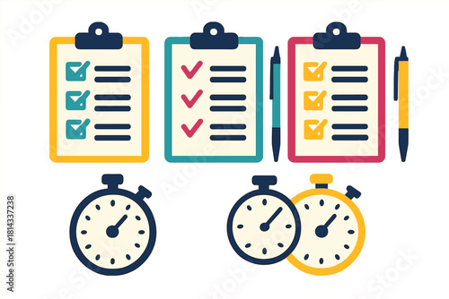 Set of clipboards with checklists, pens, and stopwatches symbolizing planning and productivity