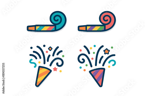 Bright festive party horns and exploding confetti streamers for celebration events