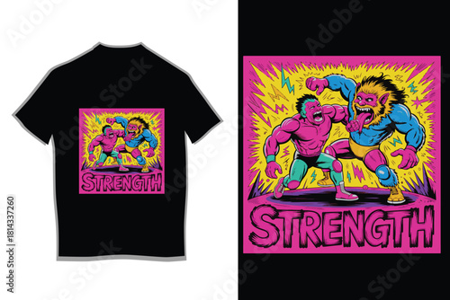 Strength Wrestling Fight Neon T-Shirt Design