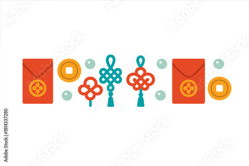 Traditional Chinese New Year symbols: red envelopes, lucky knots, and ancient gold coins representing prosperity