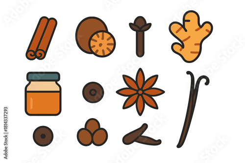 Essential aromatic culinary spices set including cinnamon, nutmeg, ginger, and vanilla pods