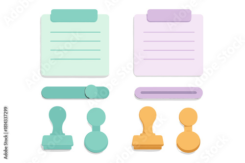 Pastel colored user interface elements set including notes, sliders, and rubber stamps in a modern 3D style