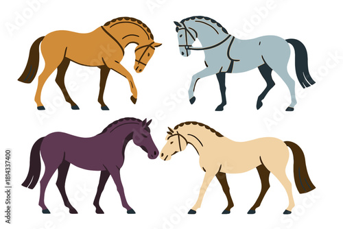 Four stylized horses walking in different directions wearing bridles and colorful coats