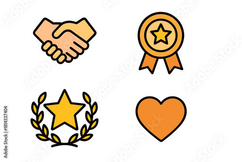 Set of colorful icons symbolizing success achievement partnership and positive feedback
