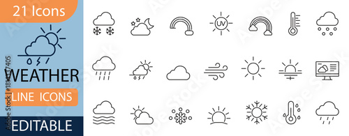 Weather and Forecast solid line icon set. Contains symbols for temperature, rain, snow, sun, and UV. Editable vector design for web apps, UI, and modern interface design.