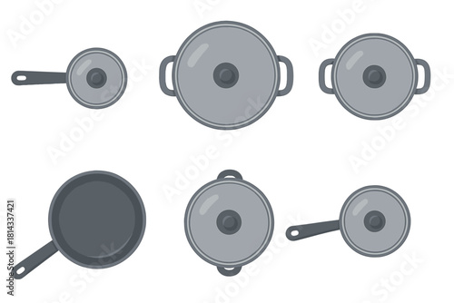 Overhead collection of kitchen cooking utensils including pots, saucepans, and frying pan