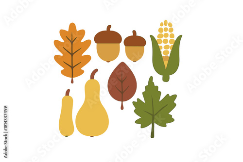 Vibrant collection of seasonal autumn elements featuring colorful foliage, ripe gourds, corn, and acorns